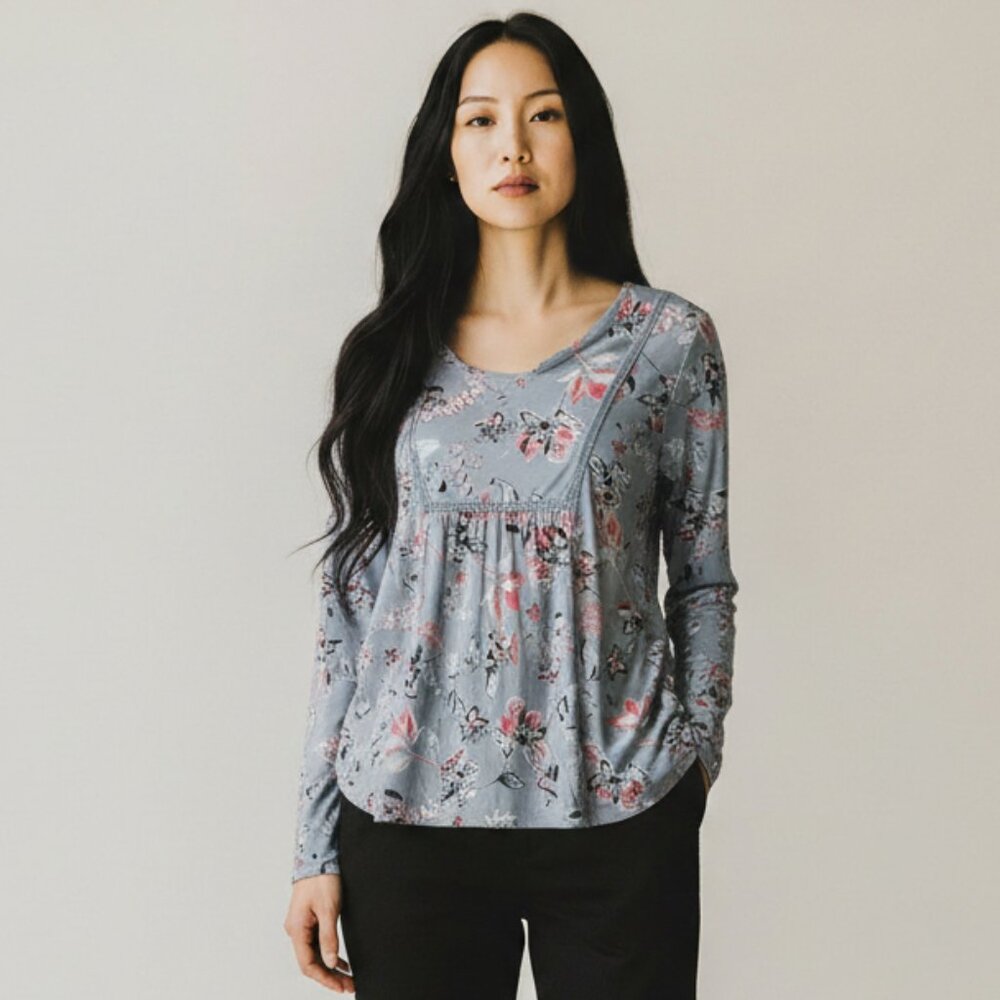 New RXB Top Boho Foral Soft Flowy Stretch Long Sleeves Women's Size Small